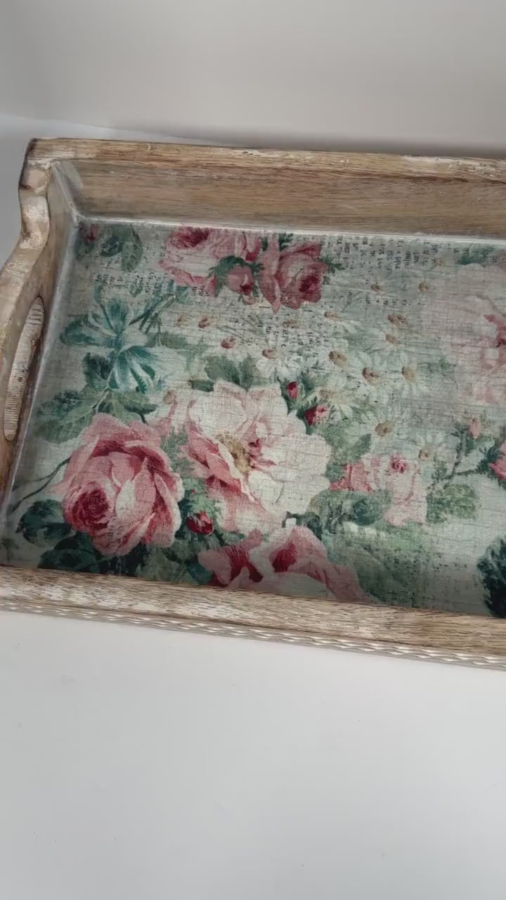 Floral Decorative Wood Tray, White Distressed Finish, 14 X 10 In