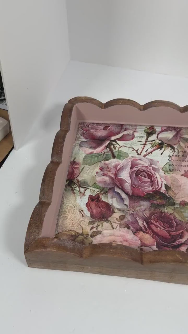 Decorative Floral Tray, Dusty Rose Wood, Wavy Edge 14.25x10.25