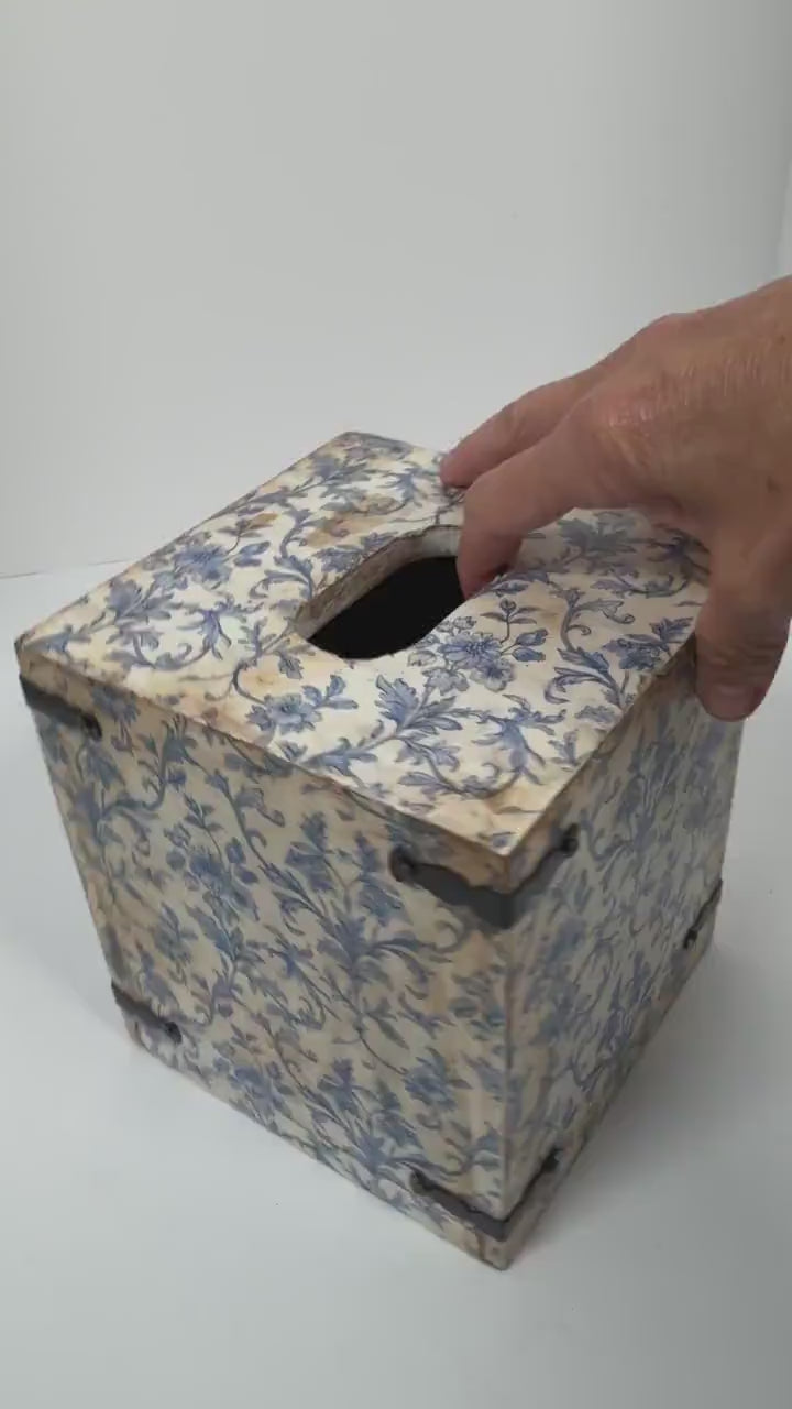 Floral Tissue Box Cover, Blue White Antiqued Wood, Metal Corners