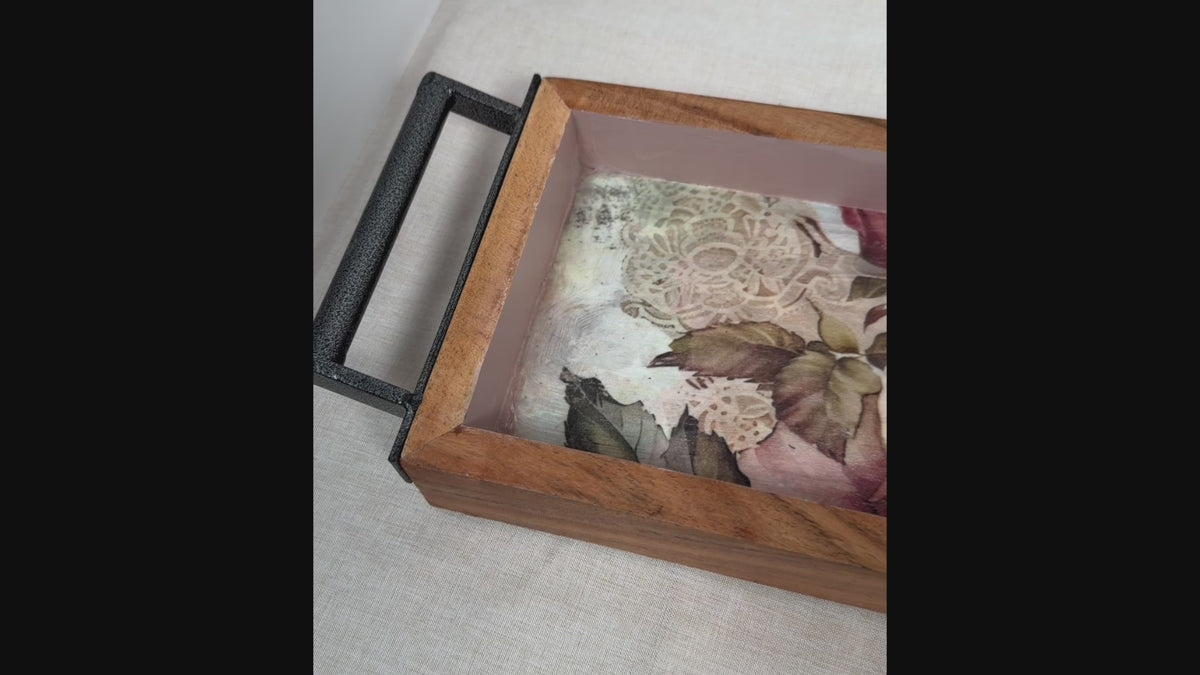 Long Floral Wood Tray, Iron Handles, Burgundy Pink Roses, 19"x6"
