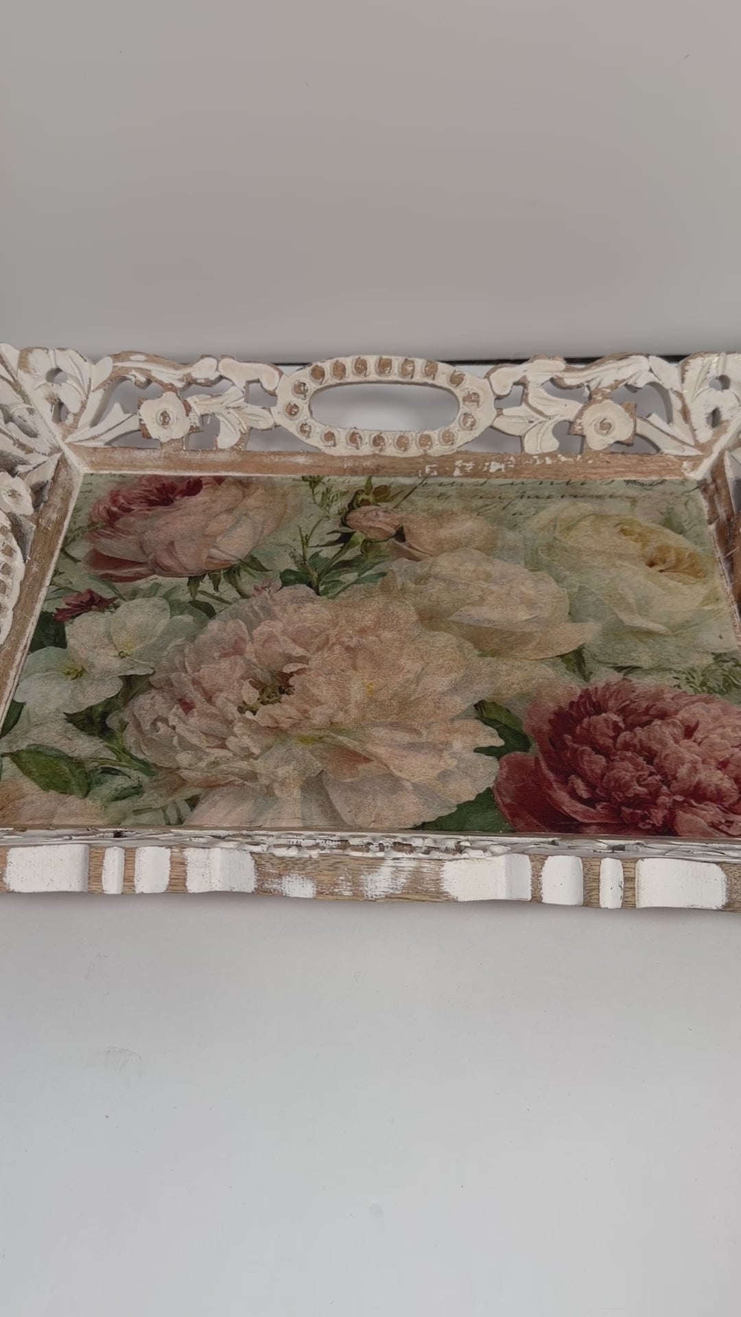 Shabby Chic Floral Tray, Distressed White Wood, Vintage Rose, 16X12