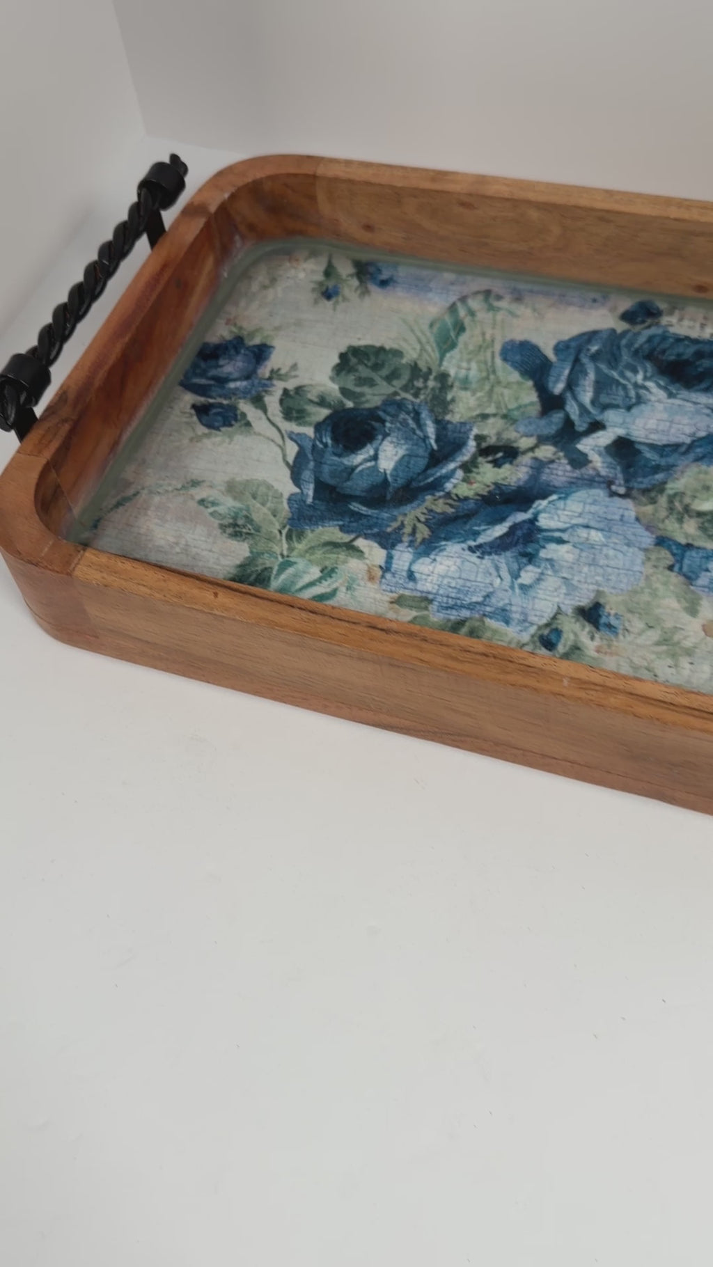 Blue Rose Wood Tray, 16 x 10 Inches Decorative Tray, Iron Handles