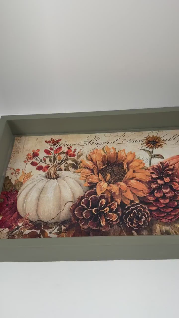 Fall Decorative Wood Tray, Pumpkin Sunflower Decoupage, Thicket Green