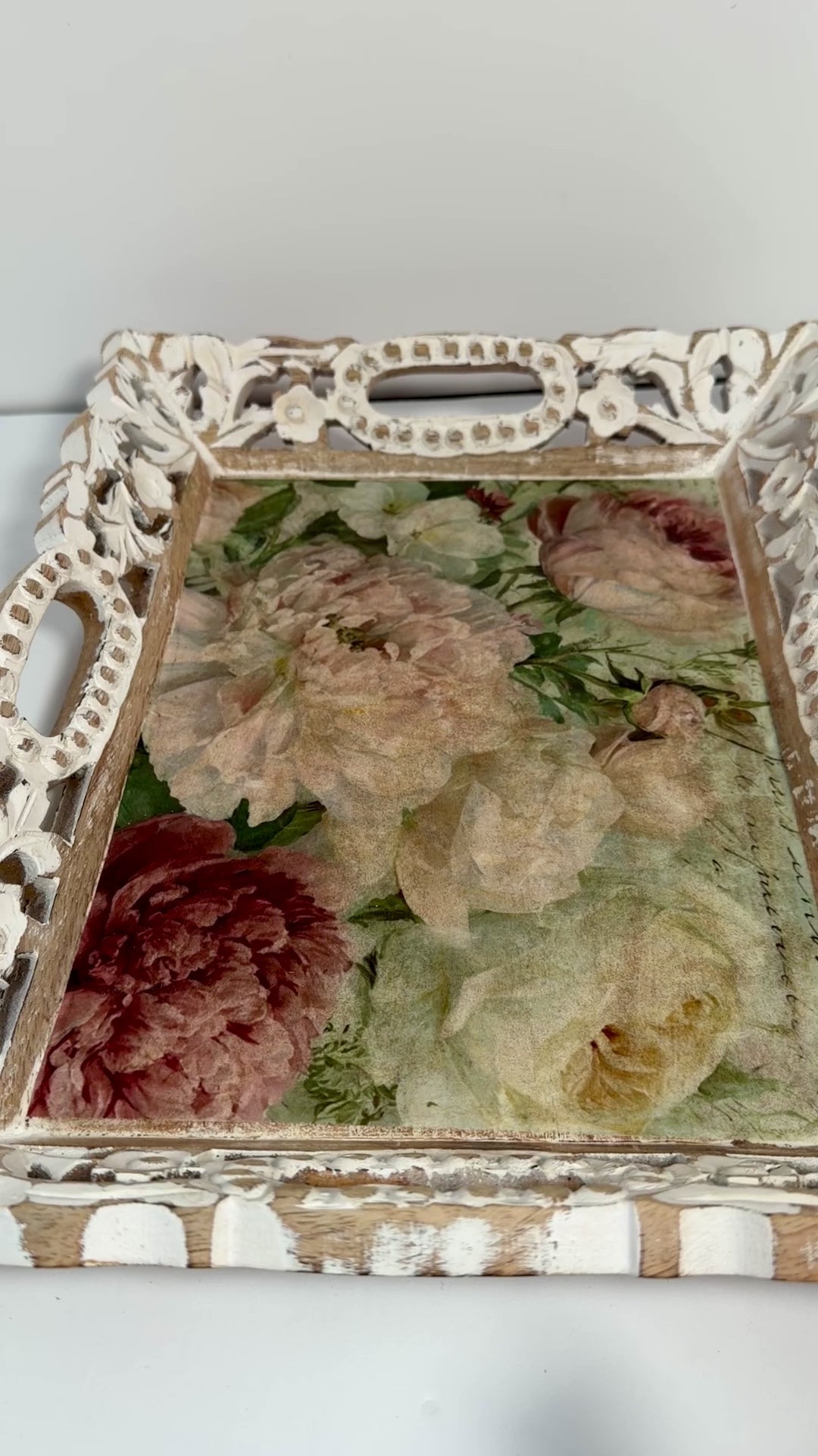 Shabby Chic Floral Tray, Distressed White Wood, Vintage Rose, 16X12