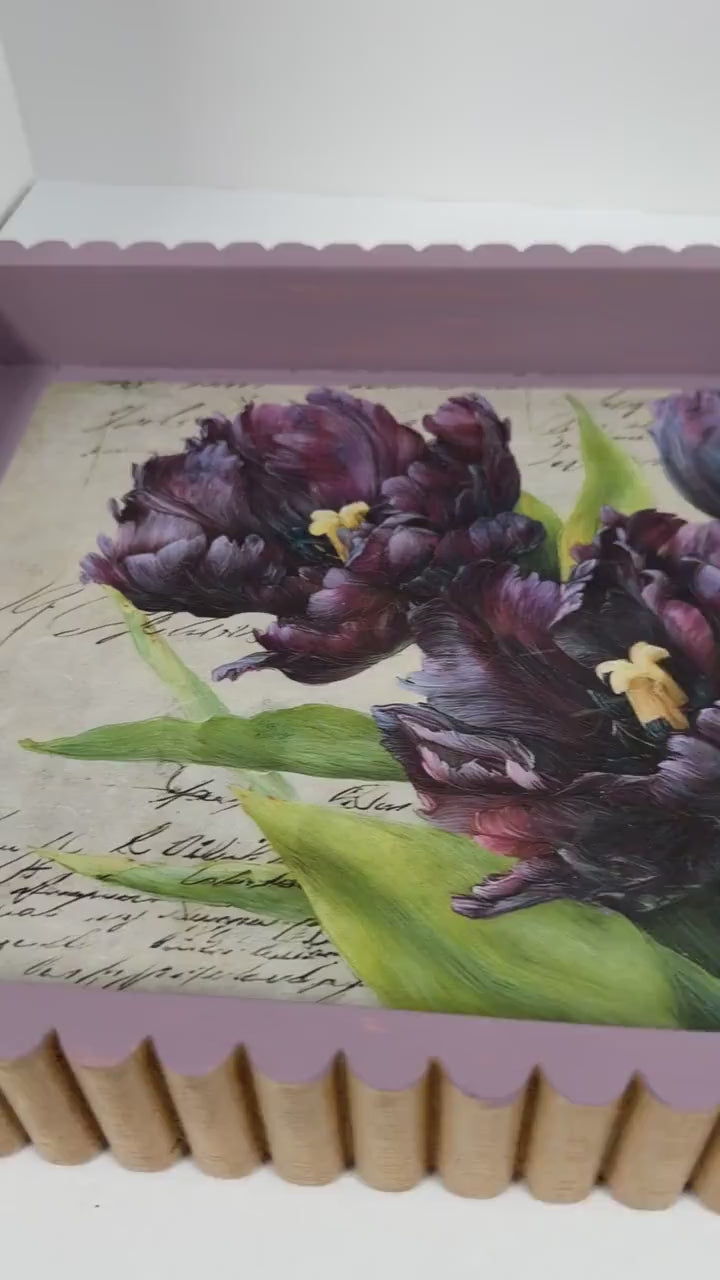 Purple Tulip Wood Tray, Lavender Botanical Decoupage Tray, 19.25"x11.25"