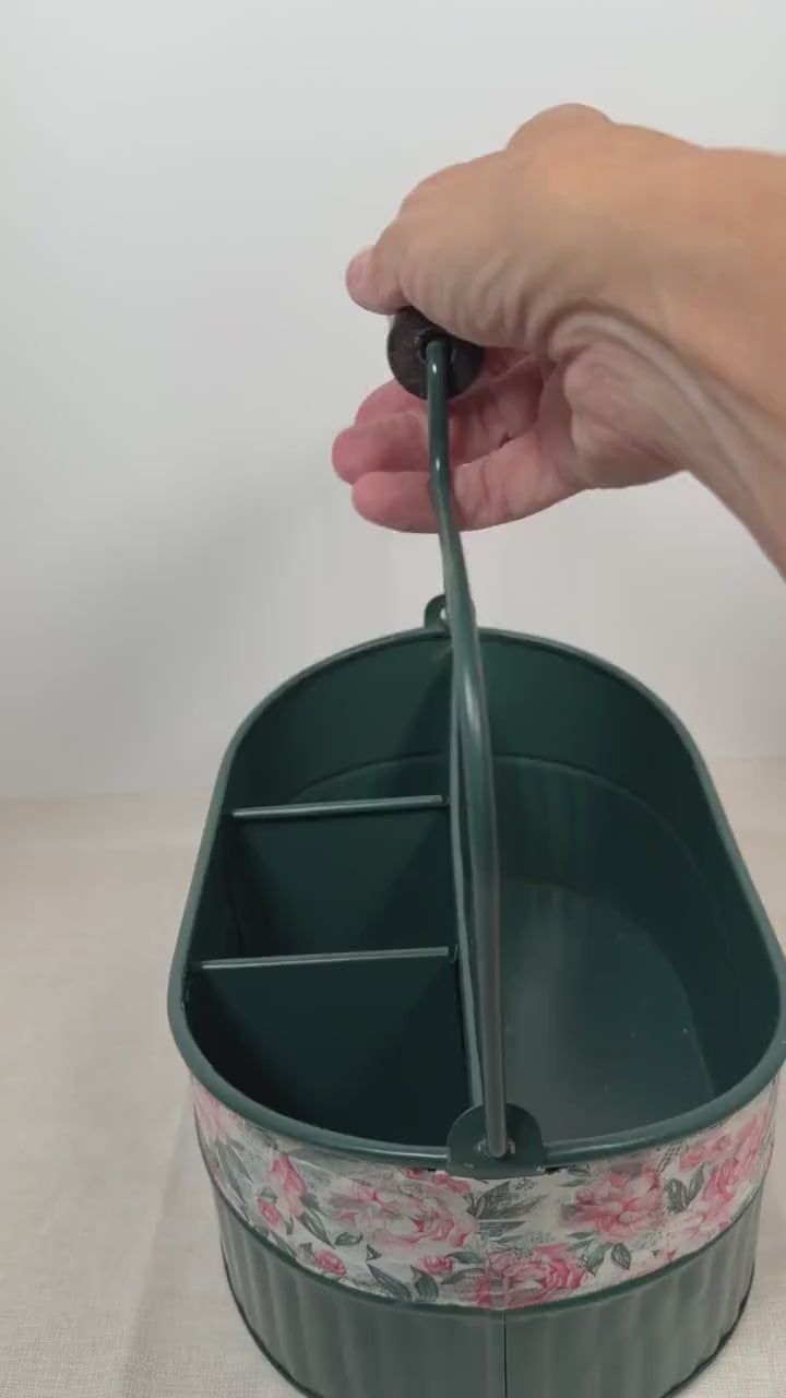Metal Utensil Caddy, Green Divided Farmhouse Cutlery Napkin Holder