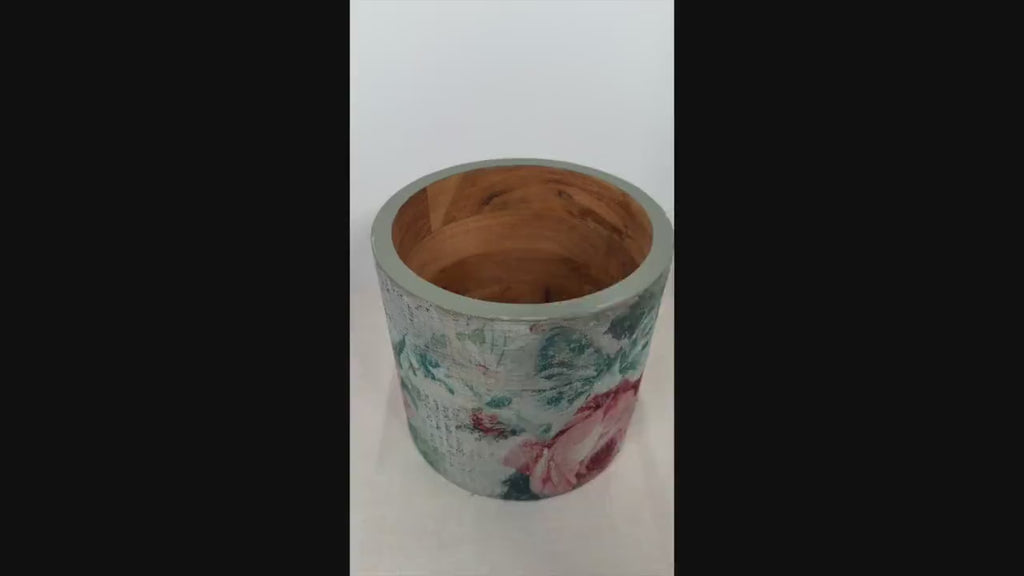 Floral Wood Utensil Holder, Rustic Farmhouse Crock, 7.5 In Tall