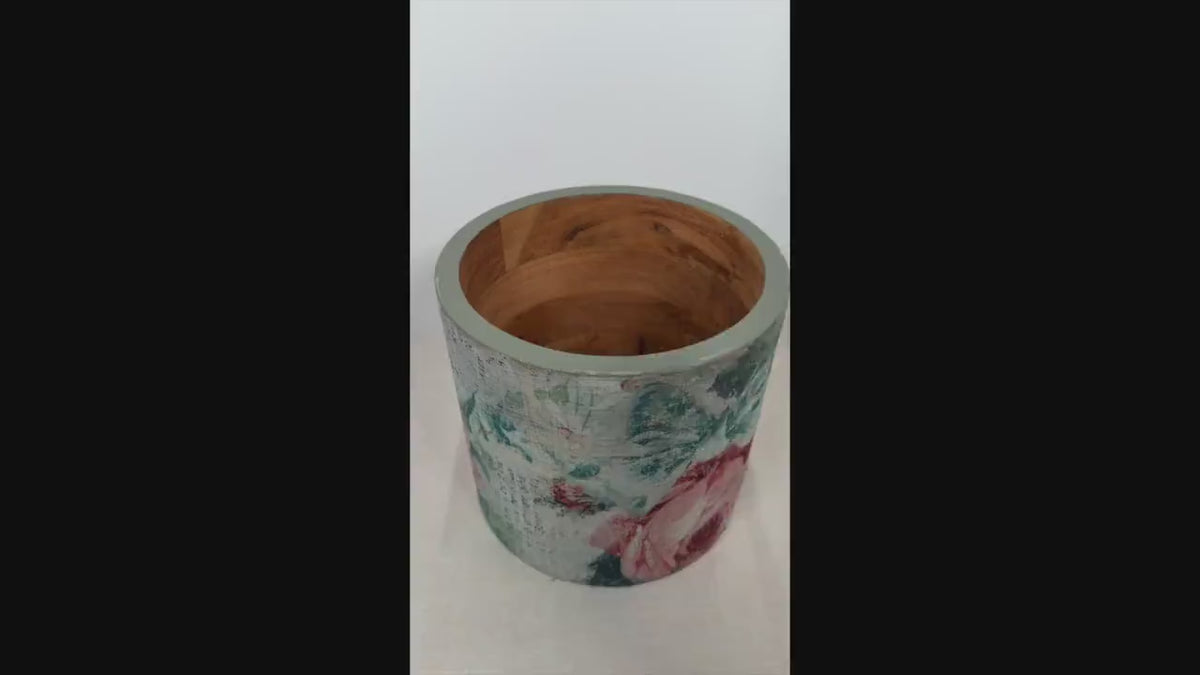 Floral Wood Utensil Holder, Rustic Farmhouse Crock, 7.5 In Tall