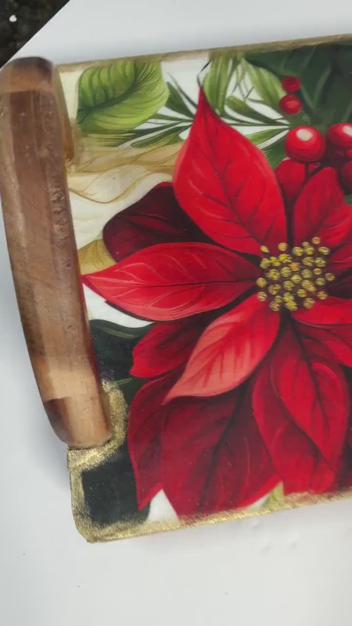 Christmas Wood Tray, Poinsettia Riser With Handles, 20"x7"