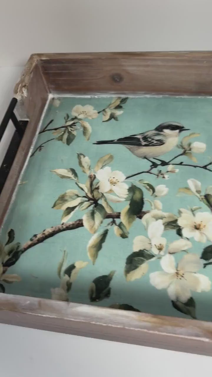 Rustic Decorative Tray, Bird Blossom Wood Tray, Metal Handles, 16"x12"