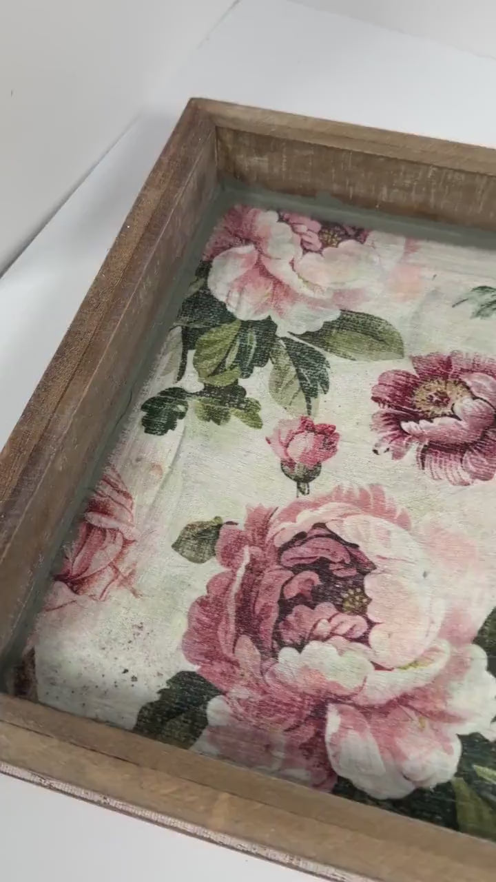 Shabby Chic Serving Tray | Pink Rose Decoupage Wood Tray, 16.5"x10.75"