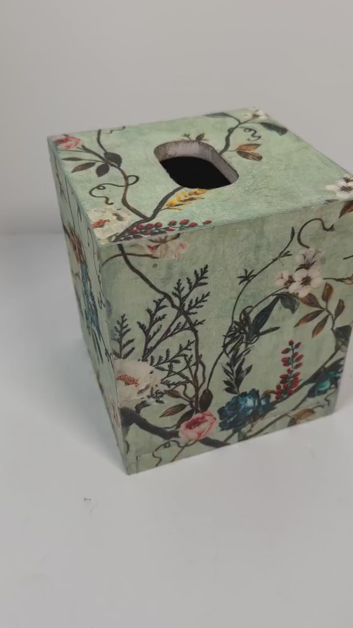 Floral Tissue Box Cover, Light Green Wood Cube, 5.75 In Decor